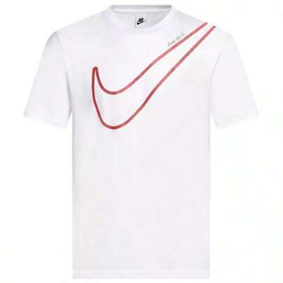  Boyfriend Style Men's Nike T-Shirt Just Do It Large Logo Top White/Red Crew Neck