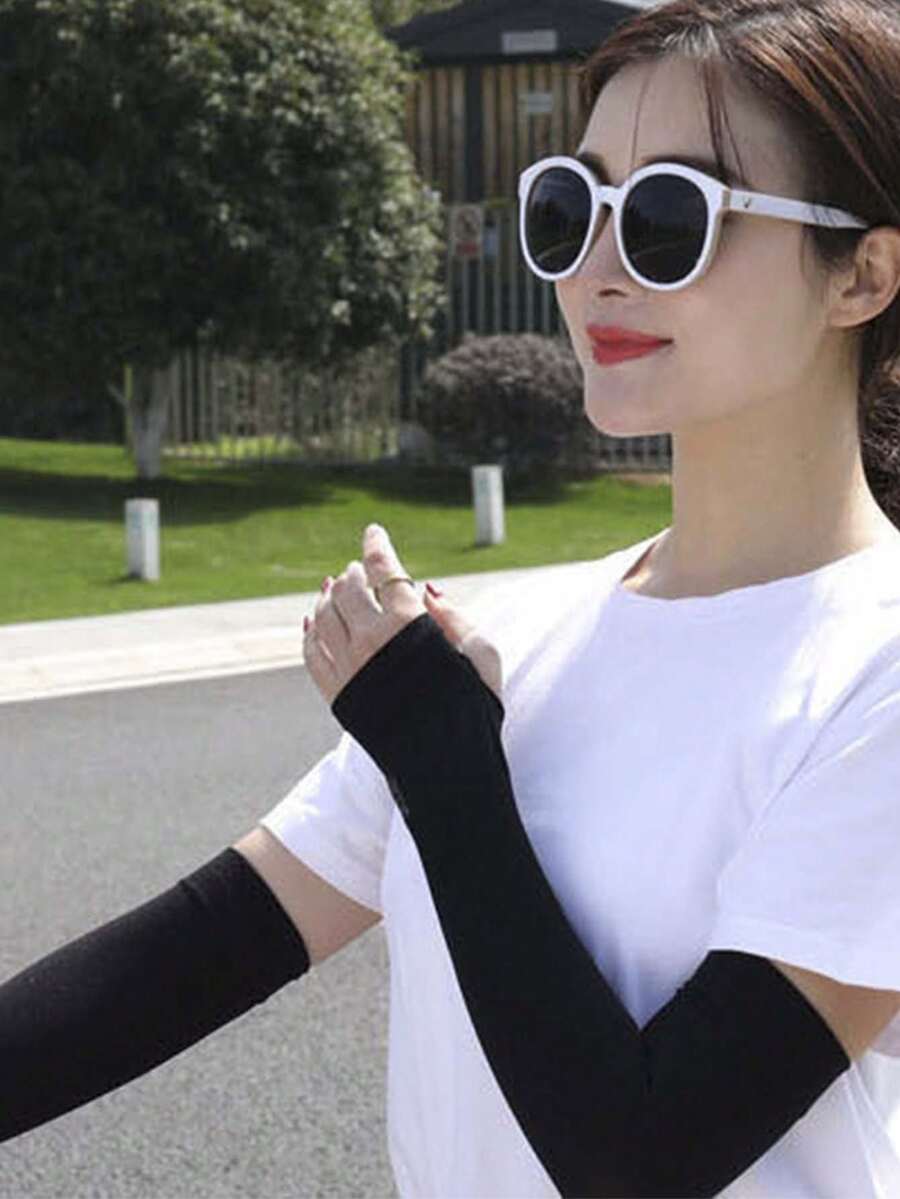 2 chiếc tay áo băng lụa trơn mùa hè, chống nắng, tay áo lái xe ngoài trời, tay áo băng đuổi côn trùng - màu đen - Xem 1