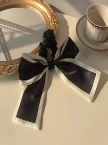 Set Of 2 Women's Black And Beige Korean-Style Satin Bowknot Hair Scrunchies For Creating Buns Or Low Ponytails, Fresh Elegant Vintage Hair Accessories For Daily Use Hair Ties Scrunchy Hair Ties