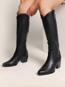 Western Embroidered Knee High Boots For Women, Pull On Zipper Chunky Heel Comfortable Pointed Toe  Wide Calf Cowgirl Cowboy Boots - màu đen - Xem 8