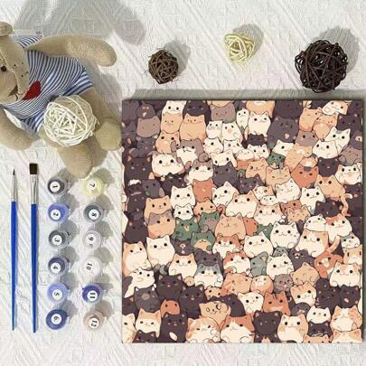 1 Set DIY Digital Oil Painting Cartoon Dog And Cat Pattern Decoration Painting With Wooden Frame, Can Be Hung Or Displayed Vertically As Gift