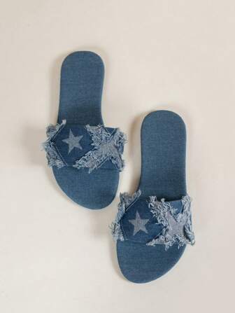 2024 Women's Summer New Round Toe Flat Fabric Slippers, Blue, Fashionable, Casual, Versatile, Durable And Non-Slip Women's Sandals For Home Use