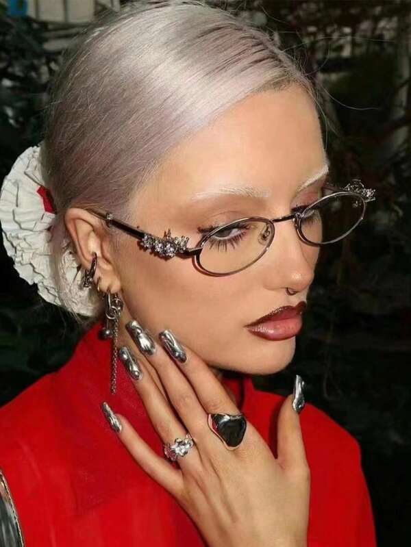 1pc Fashionable Small Frame Oval Rhinestone Decor 9-Carat Women's Indoor Computer Reading Outdoor Versatile Decorative Clear Lens Glasses