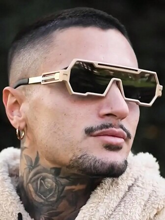 1pair Men Metal Frame One-Piece Lens Fashion Glasses, American Style Sporty Outdoor Fashion Glasses, Perfect For Outdoor, Street, Etc - Street Style Collection Shades Accessories Beach Accessories Glasses Shades Looks Street Style And Suit For Sweater Jacket Sweatshirt Hoodie Leather Pants And Cargo Pants For Summer Beach Vacation,Outdoor,Travel