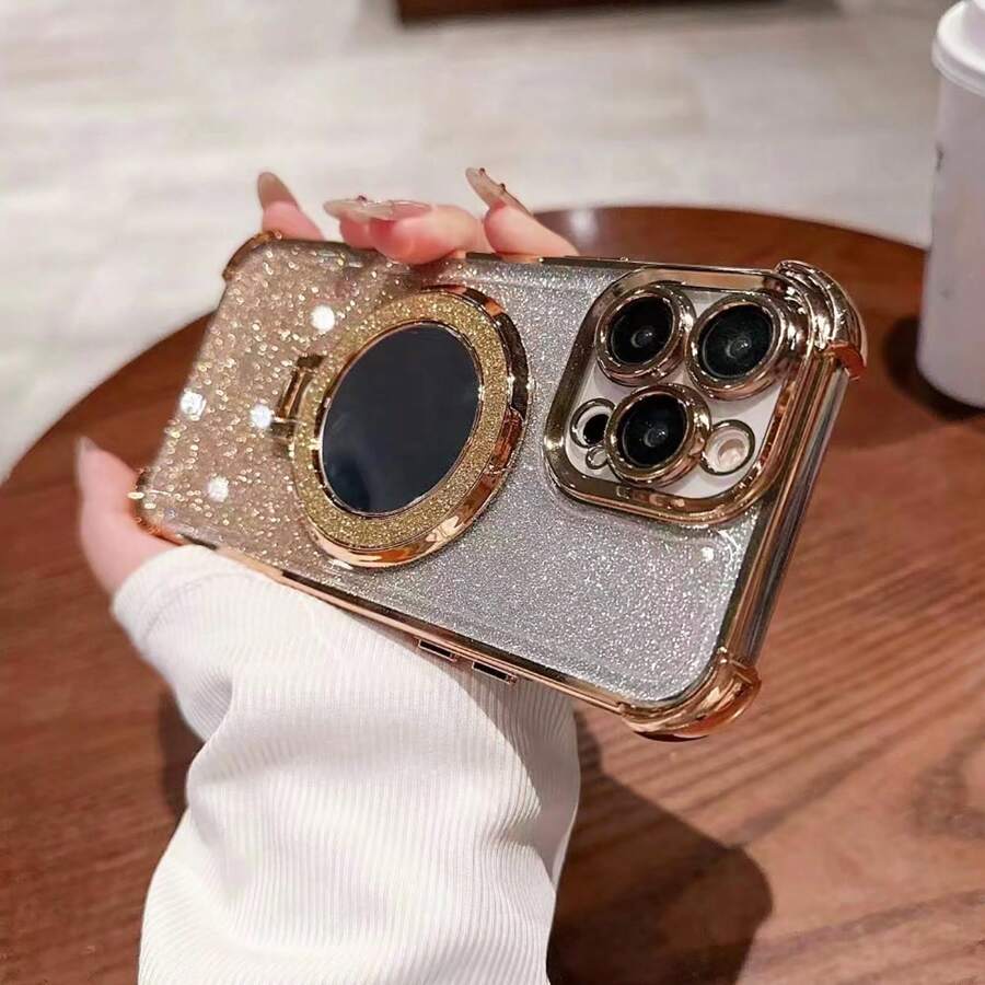 Electroplated Glitter Square Anti-Drop Space Case Magnetic Make-Up Mirror Bracket Phone Case, Compatible With MagSafe Charger, Compatible With IPhone 11, IPhone 13, IPhone 14 Pro Max, IPhone 14, IPhone 15 Pro Max - Gold - View 1