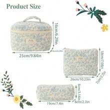 小碎花绗缝化妆包三件套手提包化妆品收纳包可用于旅行、上学、日常生活等