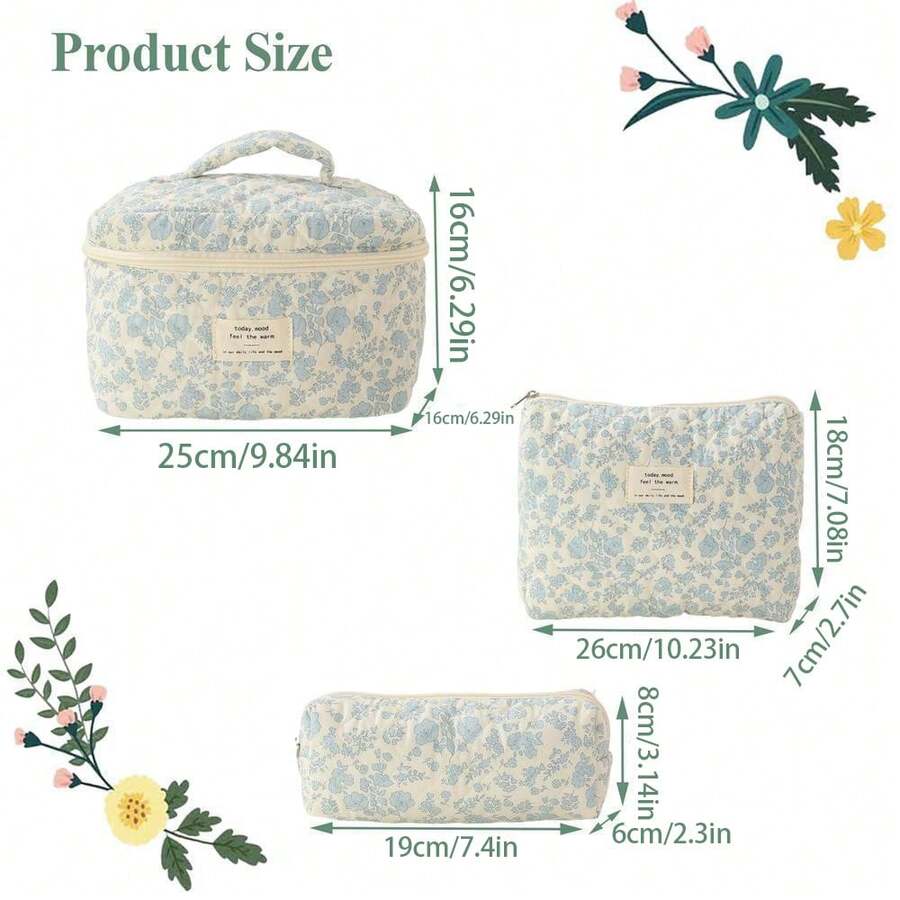 小碎花绗缝化妆包三件套手提包化妆品收纳包可用于旅行、上学、日常生活等