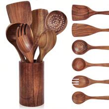 AIUHI 7 pièces Ustensiles de cuisine en bois, Cuillères pour la cuisine, cuillères de cuisine en bois naturel avec support, Ensemble de Spatule antiadhésives, Articles de cuisine indispensables