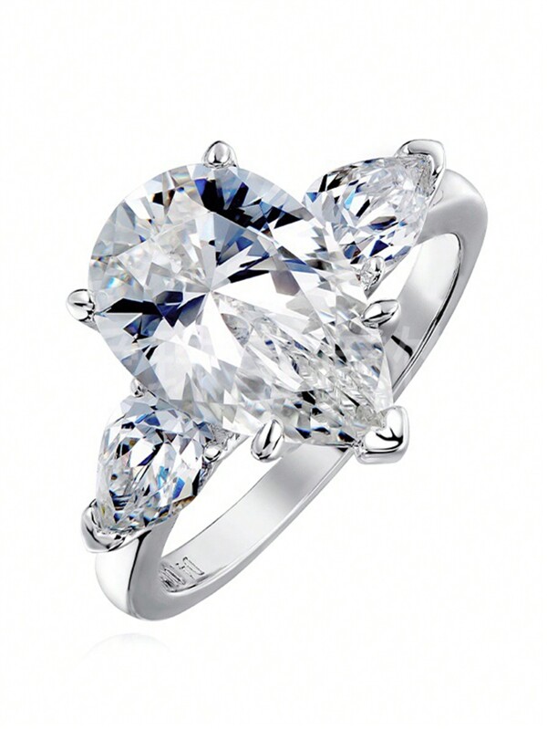 1 Pièce Bague Simple Et Polyvalente En Argent Sterling 925 De Grande Taille, En Pierre De Zircone Cubique En Forme De Goutte D'eau, Convient Pour Les Vêtements De Les Jours Et De Bureau, Les Mariages Et Les Bijoux De Fiançailles De Mariée