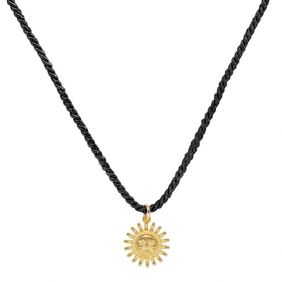 Collar de 1 pieza, colgante de sol dorado de acero inoxidable con cadena de cuerda, accesorio sencillo y elegante para usar en capas - Negro - Ver 1