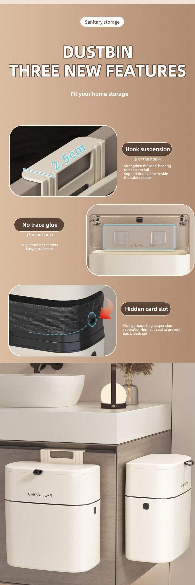 WallMounted Trash Can, Kitchen Collapsible Garbage Container, Cream