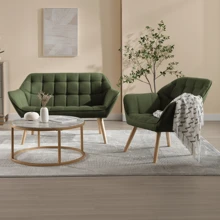 WAHSON OFFICE CHAIRS 1PC Wahson Modern Living Room Armchair Scandinavian Armchair With Wooden Leg, Upholstered Linen Designer Living Room Armchair Comfortable Linen Armchair 1 Seater Armchair For Living Room/Bedroom - 綠色 - 查看 7