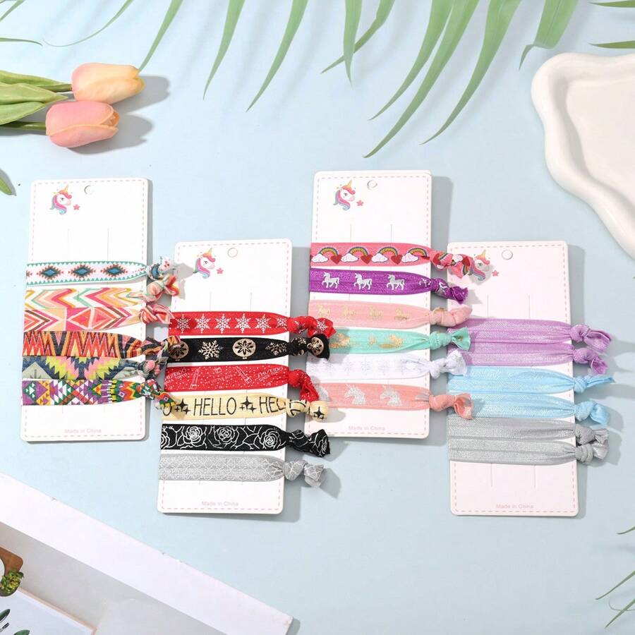 6pcs/Set Hair Band Wristband Decoration, Striped Hair Rope, Rainbow & Unicorn Design Knitted Hair Rope, Party Decoration Accessories,Elastic Knotted Hair Bands For Girls(NO CARD) - Multicolor - View 1