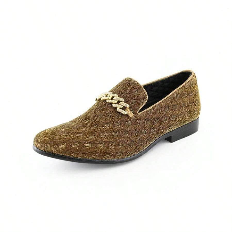 Gold Formal Slip On Loafers Sparkle Bit Quilted Velvet Dress Shoes For Men Wedding - Gold - View 1