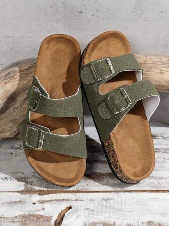 And Fashionable Buckle Flat Cork Slippers With Vacation Vibes For Men And Women, One-Button Outdoor Casual Sandals For Summer Beach