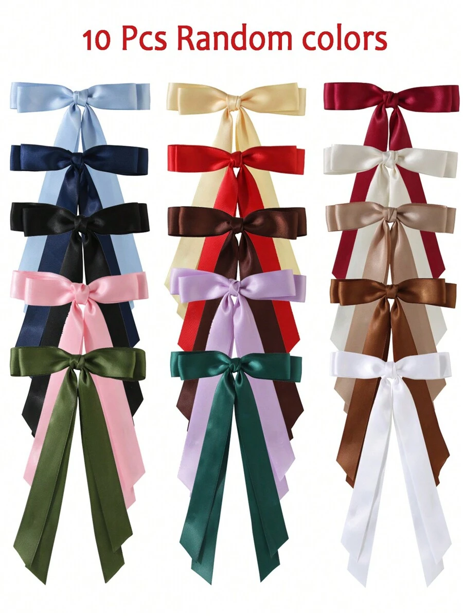 10 Pcs Random Color French Vintage Large Bow Hair Clips, Elegant Metallic Hair Bows Hair Accessories Value Pack, For Birthday Parties, Fancy Dress, And Daily Use,Hair Barrettes Claw Clips, School Stuff, Head Accessories, Hairpin,Summer,Holiday,Travel,Festival,Party - Multicolor - View 1