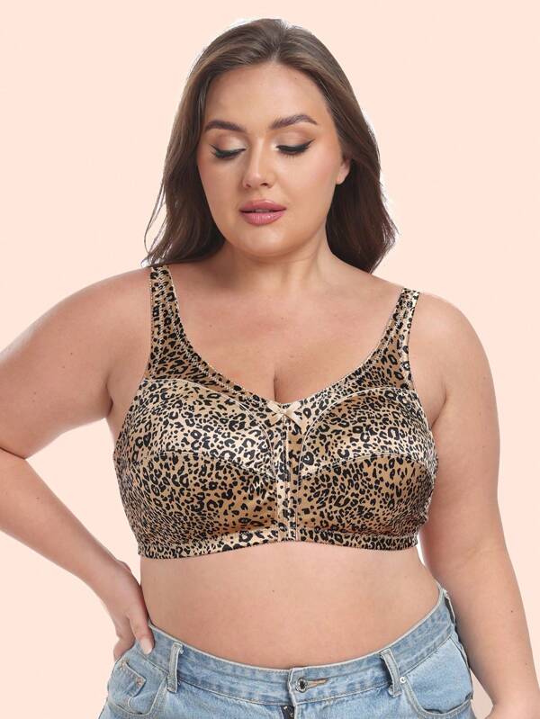 1 pieza Sujetador de estampado de leopardo, sin cordones, sin esponja, súper delgado, copa de cobertura total, acabado brillante de nailon, con forma, estilo europeo y americano sencillo, talla grande, adecuado para dormir, estar en casa y salir