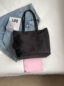 Korean Style Simple Large Capacity Tote Bag For Women, Water Resistant Shoulder Bag, Nylon Handbag For Commuting And Daily Use - Black - View 3