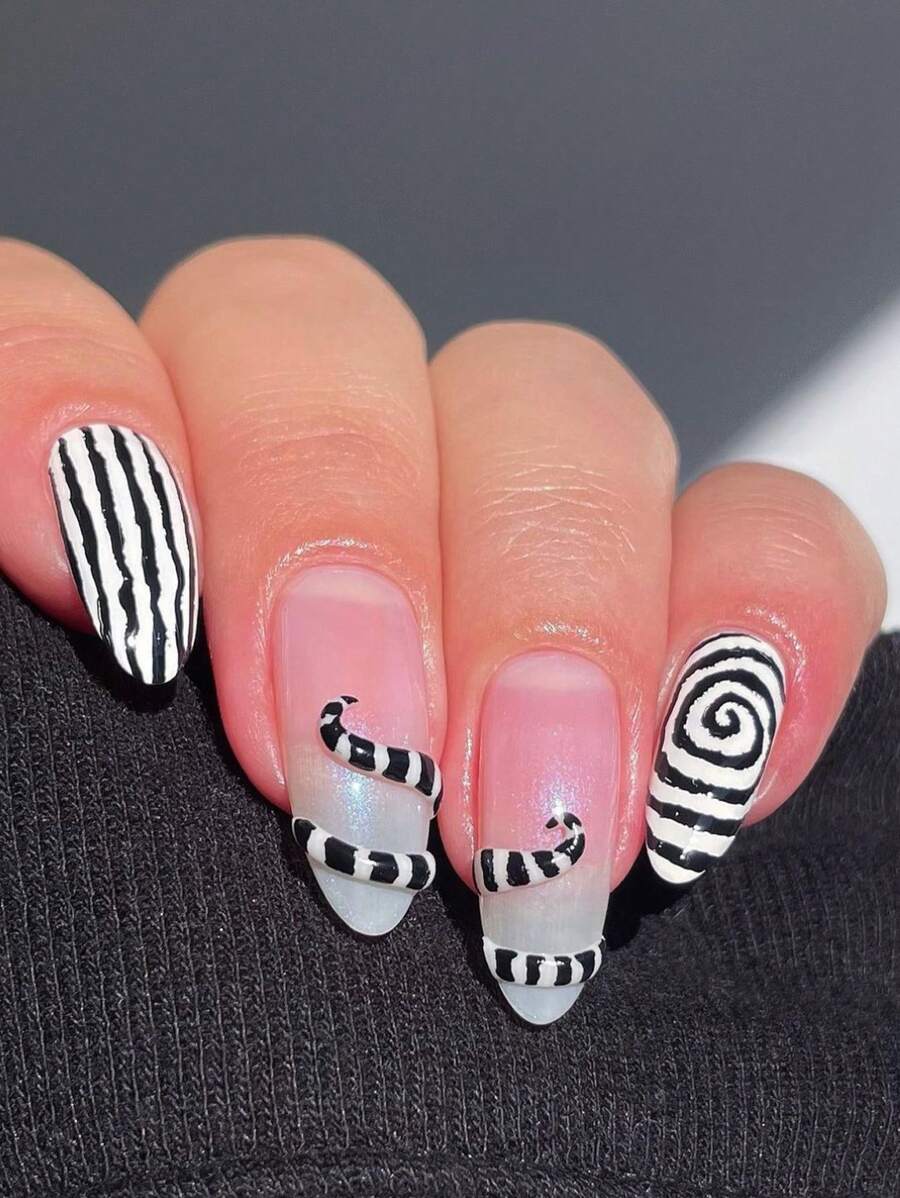 Upgrade Your Press On Nails Game With 24pcs Short Waterdrop Shaped Black & White Striped Design European Style Nails, Includes 1 Jelly Gel And 1 Nail File For Repeated Use. Perfect For Parties And Daily Wear. - Multicolor - View 1