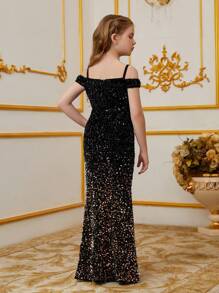 Tween Girl Sparkling Gradual Color Sequin Mermaid Evening Dress - Off-The-Shoulder Snug Fit Floor-Length Party Gown For Weddings/Prom/Special Occasions