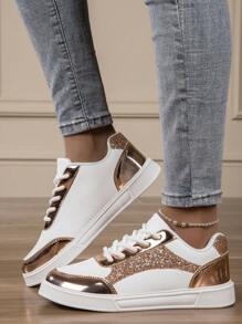 New Fashionable Comfortable All-Match Women Shoes With Laser Gold Upper And Gorgeous Sequin Decoration Flat Casual Sneakers Ladies Sports Shoes - Gold - View 4