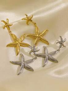 2pcs Simple Beach Style Stainless Steel Starfish Pendant Earrings, 14K Gold Plated, Shiny INS Style Jewelry, Suitable For Teacher's Day Or Festival Gifts, Vacation, Dating And Daily Wear