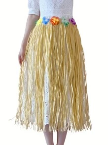 1pc Stylish Hawaiian Raffia Grass Skirt For Festive Parties And Performances, Raffia Grass Skirt Hawaiin Attire Hawaiian Outfits Luau Party Clothes Hula Accessories Hawaii Party Straw Skirt Tropical Party Accessories Decorative Straw Dress Grass Skirts Dress - Beige - View 3