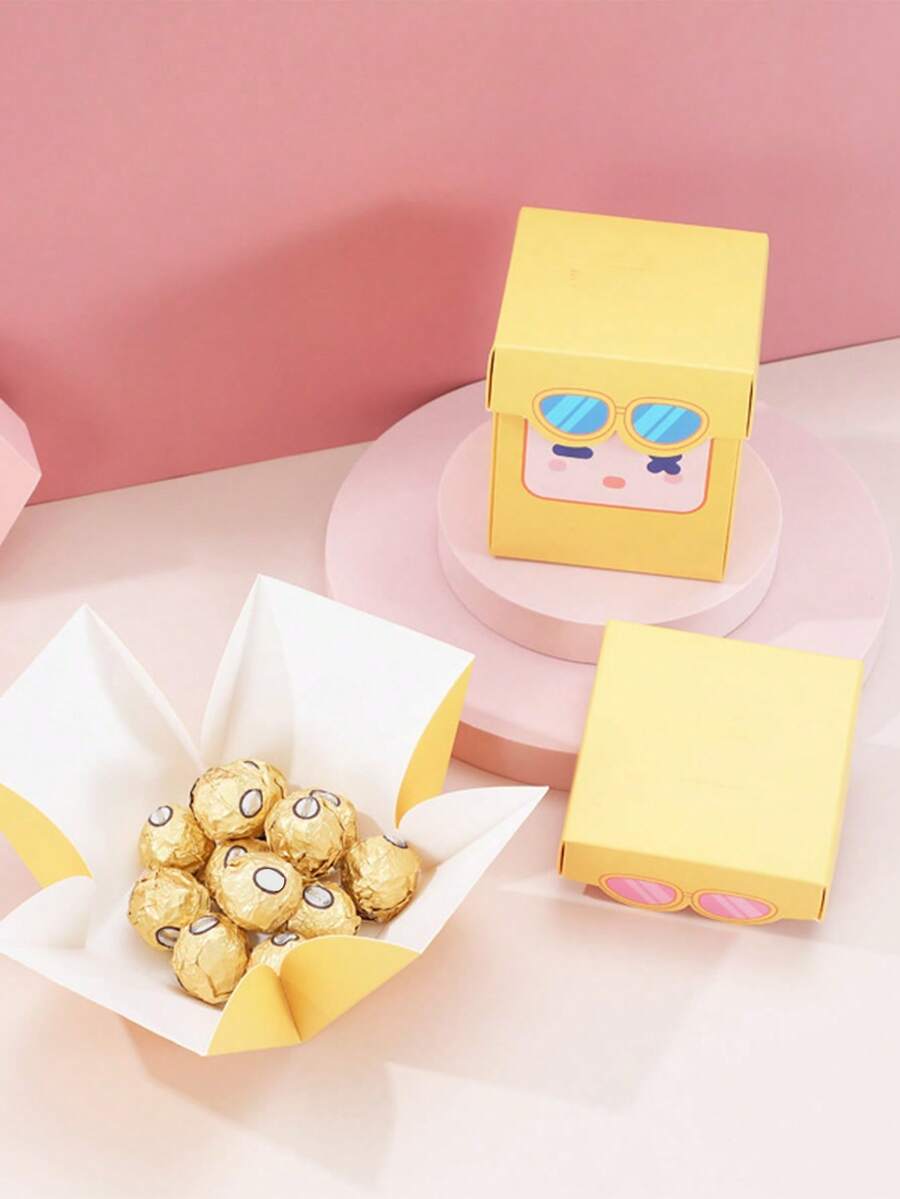 5pcs/Set Random Cute Cartoon Gift Packaging Boxes, Suitable For Mini Cakes, Desserts, Pastries, Donuts, Macarons, Strawberries, Chocolate Candies - Yellow - View 1
