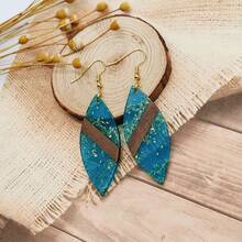 1對創意個性化藍色天然木材&樹脂手工製作的葉形耳環，復古風格女士日常配飾 - 藍色 - 查看 4