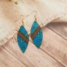 1對創意個性化藍色天然木材&樹脂手工製作的葉形耳環，復古風格女士日常配飾 - 藍色 - 查看 6
