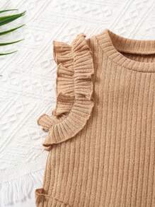 Young Girl Set For 4-7 Years Old, Round Neck Solid Color Short Sleeve T-Shirt With Ruffle Trim & Shorts For Casual & Daily Wear, Summer