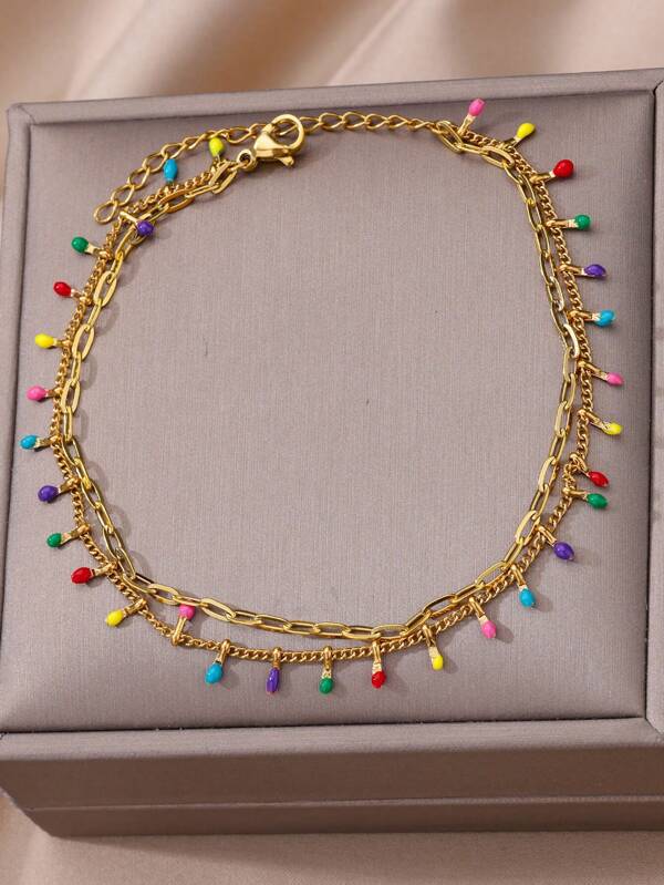 1 pièce Chevillère bohème colorée pour femme en acier inoxydable plaqué or avec gouttes, bijou de mariage luxueux et esthétique