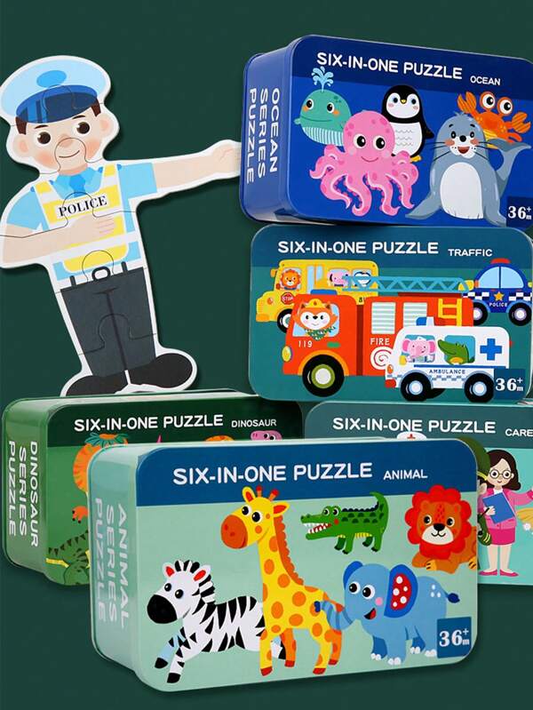 Juego de rompecabezas de seis en en caja de hierro para decoración navideña, 5 estilos que incluyen animales y dinosaurios, adecuado para niños con rompecabezas planos, rompecabezas de preescolar, juego educativo con piezas grandes para niños y niñas, rompecabezas, caja de rompecabezas, rompecabezas para niños, juguetes para niños, juguetes de aprendizaje preescolar, rompecabezas deslizante