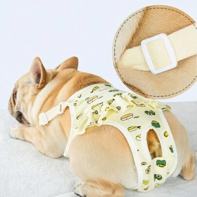 Pantalones de higiene para mascotas, pantalones sanitarios de perro con tirantes transpirables, pantalones anti-acoso, ropa linda de cachorro de bulldog de dibujos animados