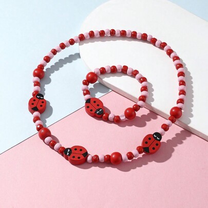 2pcs Children Wooden Beads Jewelry Set For Girls, Includes One Ladybird Necklace And One Bracelet, Great Holiday Party Gifts Toys Decorations For Kids