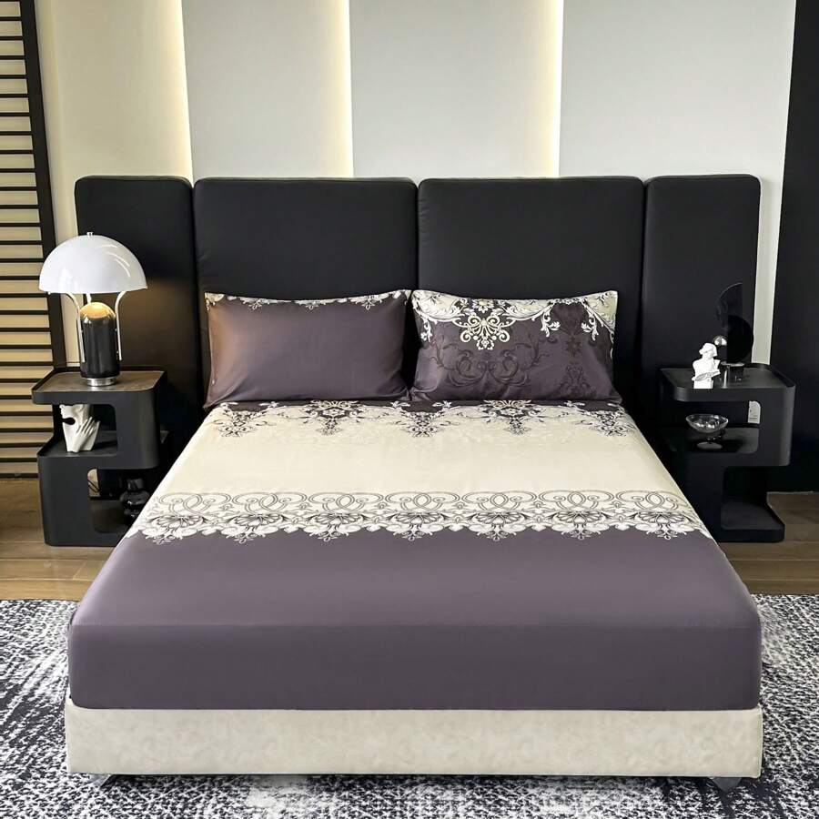 3pcs Printed Brushed Fitted Sheet Set [1pc Fitted Sheet + 2pcs Pillowcases], No Comforter, Soft & Comfortable, Suitable For Bedroom, Hotel, Dormitory, School, Homestay