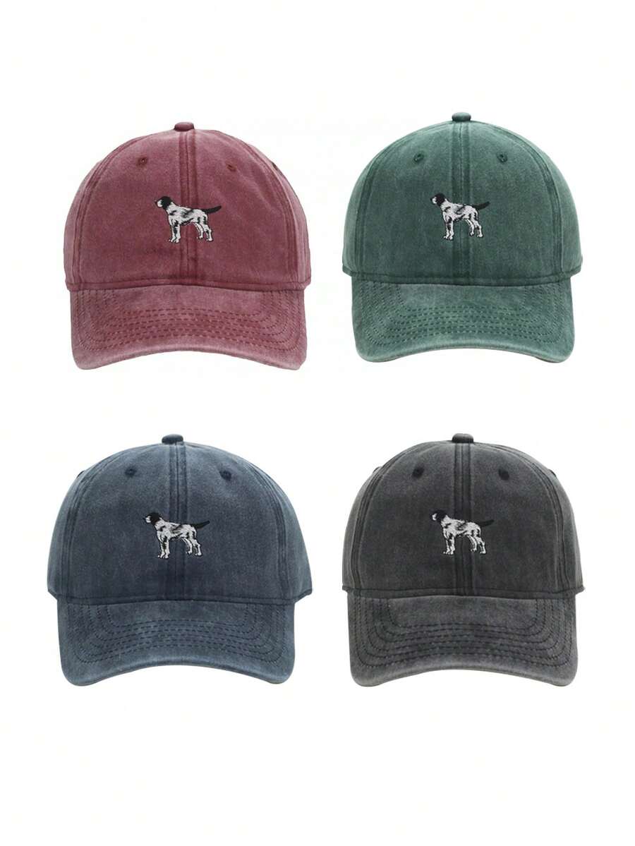 Street 1pc Unisex Distressed Washed Baseball Cap With Dog Embroidery, Sun Protection Adjustable Outdoor Travel Hat - Multicolor - View 1
