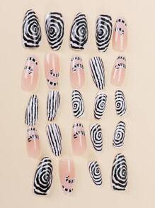 Upgrade Your Press On Nails Game With 24pcs Short Waterdrop Shaped Black & White Striped Design European Style Nails, Includes 1 Jelly Gel And 1 Nail File For Repeated Use. Perfect For Parties And Daily Wear. - Multicolor - View 2
