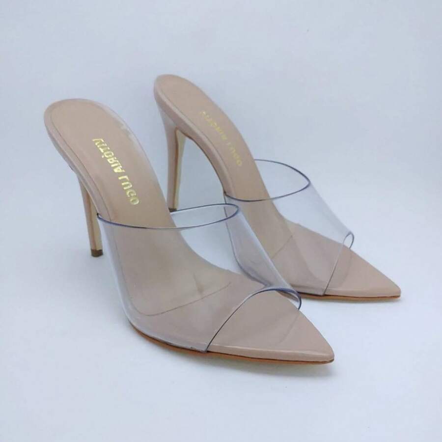 Tamanco Salto Alto Feminino Transparente Sato 10cm Bico Fino Confortável Versátil Moderno Nova Coleção Exclusiva Vitória Lugo