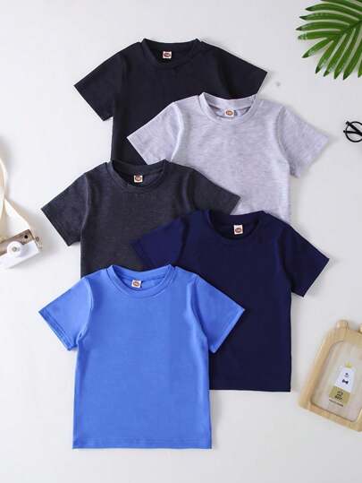 5pcs/Set Young Boy Casual Solid Color Short Sleeve T-Shirts, Summer