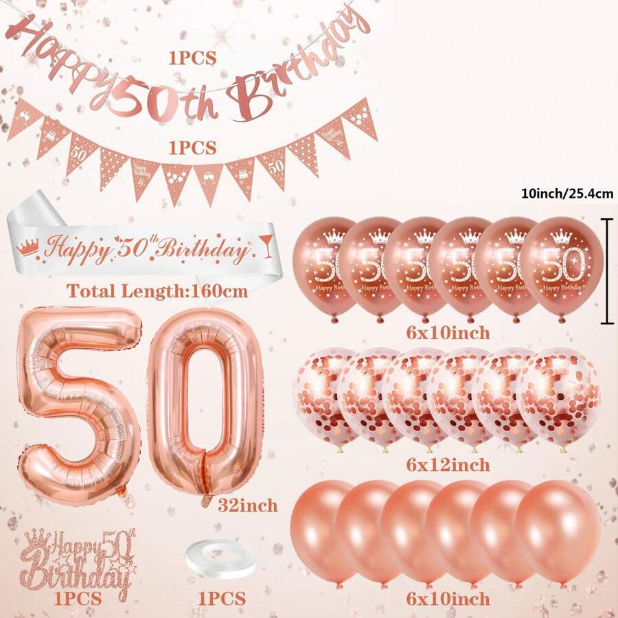 50th Birthday Balloon For Women, Rose Golden Balloon Set, 50th Birthday