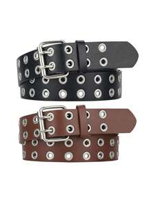 2 件裝女式時尚百搭龐克雙針扣腰帶雙開孔孔眼牛仔褲裙子腰帶 - 彩色 - 查看 3