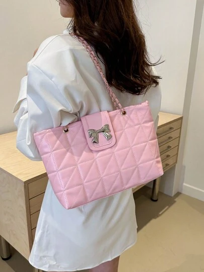  Fashionable Solid Color Elegant Stitching Zipper Chain Shoulder Bag , Pink