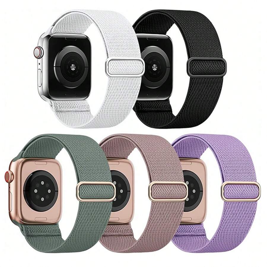 5pcs/Set Woven Single Loop Watch Bands, Compatible With Apple Watch 38mm/40mm/41mm/42mm/44mm/45mm/49mm, Unisex; Elastic Nylon Straps For Apple Watch Ultra/SE/8/7/6/5/4/3/2/1 Series; 18mm/20mm/22mm Universal Nylon Elastic Bands For HW Watch 3Pro/GT3pro/Sam Watch7/6/5/4/5Pro/Garmin Smartwatches; Soft Adjustable Breathable Nylon Sports Bands For Fitbit Versa2/Versa3/Versa4/Charge 5/6 - Multicolor - View 1