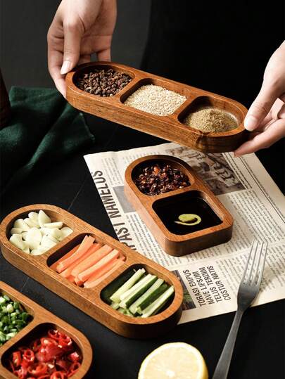 KAQILIAN 1pc 2/3-Compartment Wooden Rectangular Tray, Kitchen & Dining Small Dish Dipping Sauce Holder, Korean Style Solid Wood Condiment Tray Christmas Gift