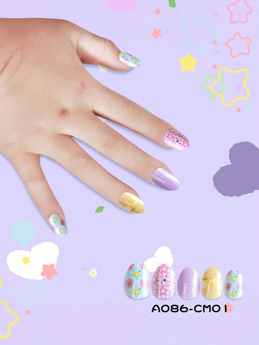 24pcs Almond-Shaped Kids Girls Cute Cartoon Patterned Nails, Purple, Reusable, Perfect For Playtime And Parties - Lilac Purple - View 1
