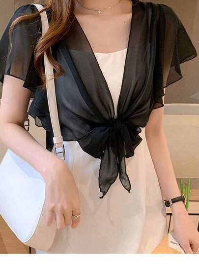 1 pièce Étole en mousseline de soie pour femmes, cardigan de protection solaire d'été, longueur courte, couleur aléatoire, convient pour assortir aux accessoires de robe-brassière pour femmes