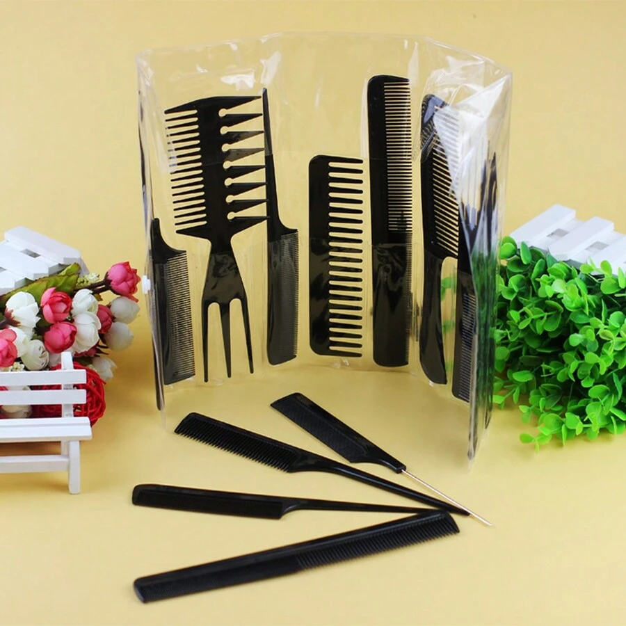 10 Dụng cụ làm đẹp Lược làm tóc Bộ lược chải mỹ phẩm Bộ lược đen - màu đen - Xem 1
