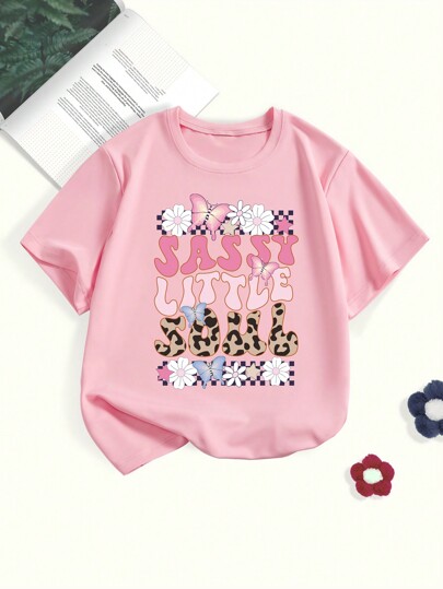 Young Girl Letter, Flower & Butterfly Print Casual Round Neck T-Shirt