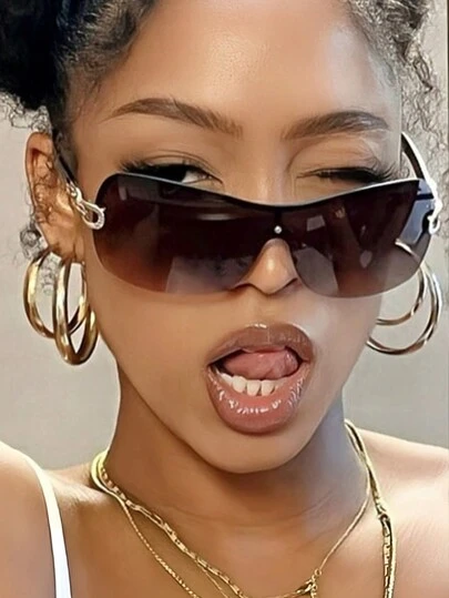 Gafas de moda con montura semi-rimless y marco grande, con diseño cóncavo y estilo envolvente, elegantes con decoración metálica calada, gafas decorativas diarias de estilo Y2K, accesorio de playa para mujeres, gafas para vacaciones de verano y viajes al aire libre